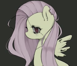 Size: 1791x1542 | Tagged: safe, artist:dekoi, fluttershy, pegasus, pony, undead, zombie, g4, bags under eyes, bite mark, no mouth, simple background, solo