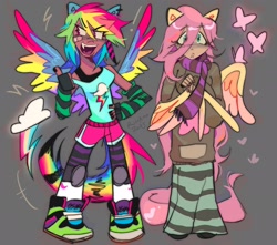 Size: 2048x1809 | Tagged: safe, artist:therumano, fluttershy, rainbow dash, human, pegasus, anthro, equestria girls, g4, clothes, shorts, skirt, smiling, standing, sweater, tail, tank top, wings