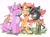 Size: 2048x1535 | Tagged: safe, artist:therumano, earth pony, pegasus, pony, unicorn, amanda o'neill, bow, constanze amalie von braunschbank-albrechtsberger, crossover, food, goggles, hair bow, jasminka antonenko, little witch academia, ponified, raised hoof, sharp teeth, simple background, sitting, smiling, spread wings, standing, teeth, unshorn fetlocks, white background, wings