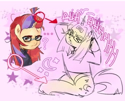 Size: 4088x3300 | Tagged: safe, artist:xxk1ttyl1tterxx, moondancer, pony, unicorn, g4, bags under eyes, eyes closed, frown, glasses, open mouth, sitting, sketch, solo, text