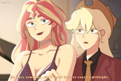 Size: 2048x1380 | Tagged: safe, artist:majestyph, artist:majestyyph, applejack, sunset shimmer, human, equestria girls, g4, bare shoulders, breasts, busty sunset shimmer, cleavage, clothes, duo, female, hat, humanized, open mouth, sleeveless, smiling, suit, text