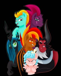 Size: 1080x1350 | Tagged: safe, artist:charlottedrawings_, cozy glow, lightning dust, lord tirek, queen chrysalis, tempest shadow, oc, centaur, changeling, changeling queen, pony, taur, g4, antagonist, female, male, outline, scar, villainess