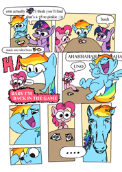 Size: 856x1199 | Tagged: safe, artist:notfocks, part of a set, pinkie pie, rainbow dash, twilight sparkle, earth pony, horse, pegasus, pony, unicorn, g4, comic, dialogue, flying, hoers, man i'm so hungry / how hungry, meme, sitting, table, teary eyes, text, unicorn twilight, uno