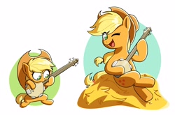 Size: 4096x2703 | Tagged: safe, artist:notfocks, applejack, earth pony, pony, g4, applejack's hat, banjo, cowboy hat, cute, female, filly, foal, hat, hay, hoof hold, jackabetes, mare, musical instrument, one eye closed, open mouth, open smile, simple background, sitting, smiling, solo, white background, wink