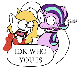 Size: 669x584 | Tagged: safe, artist:notfocks, part of a set, starlight glimmer, oc, oc:fox, pegasus, pony, unicorn, pony town, g4, clothes, duo, hoodie, open mouth, simple background, text, white background