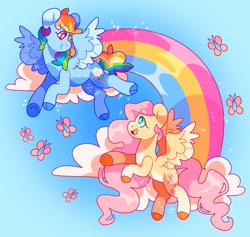 Size: 4096x3877 | Tagged: safe, artist:cocopudu, fluttershy, rainbow dash, butterfly, pegasus, pony, g4, big ears, blaze (coat marking), blue hooves, cloud, cloven hooves, coat markings, colored belly, colored eartips, colored eyelashes, colored hooves, colored wings, curly mane, curly tail, duo, duo female, eyebrows, eyebrows visible through hair, facial markings, female, flying, gradient background, high res, hooves, lesbian, looking at each other, looking at someone, looking up, mare, open mouth, open smile, orange hooves, pale belly, pansexual pride flag, pride, pride flag, purple eyelashes, rainbow, shiny mane, shiny tail, ship:flutterdash, shipping, sky background, smiling, smiling at each other, socks (coat markings), sparkles, spread wings, tail, teal eyelashes, two toned wings, underhoof, wall of tags, watermark, wavy mane, wavy tail, white pupils, wing fluff, wings