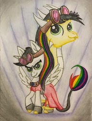 Size: 2672x3500 | Tagged: safe, artist:gracefulart693, oc, oc:lightning bliss, alicorn, pony, alicorn oc, clothes, dress, duo, goggles, high res, horn, jewelry, multicolored hair, necklace, rainbow hair, traditional art, wings