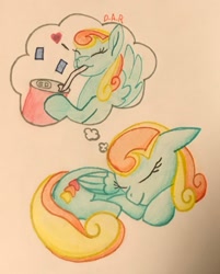 Size: 1631x2027 | Tagged: safe, artist:gracefulart693, oc, oc only, pegasus, pony, dream, drinking, duo, eyes closed, female, lying down, mare, pegasus oc, prone, smiling, thinking, traditional art