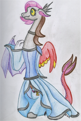 Size: 1098x1635 | Tagged: safe, artist:gracefulart693, oc, oc only, draconequus, choker, clothes, draconequus oc, dress, smiling, solo, traditional art
