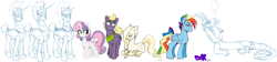 Size: 2306x514 | Tagged: safe, artist:pandadox, discord, rainbow dash, sweetie belle, oc, pegasus, pony, unicorn, g4, female, lineart, male, mare, older, older sweetie belle, rainbow blitz, rule 63, simple background, sketch, sketch dump, stallion, white background