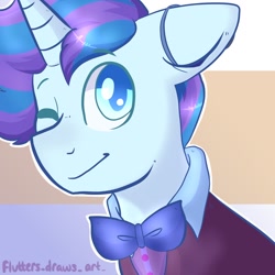 Size: 1080x1080 | Tagged: safe, artist:flutterpawss, oc, oc only, pony, unicorn, abstract background, bowtie, bust, horn, male, smiling, solo, stallion, unicorn oc