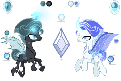 Size: 2904x1953 | Tagged: safe, artist:harmonyvitality-yt, oc, oc only, oc:forest edge, changedling, changeling, changeling queen, base used, changedling oc, changeling oc, changeling queen oc, duo, glowing, glowing horn, horn, magical parthenogenic spawn, male, offspring, parent:queen chrysalis, simple background, transparent background