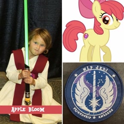 Size: 1080x1080 | Tagged: safe, artist:mlpjedi, apple bloom, earth pony, human, pony, g4, clothes, cosplay, costume, female, irl, irl human, jedi, lightsaber, mare, older, older apple bloom, photo, solo, star wars, weapon