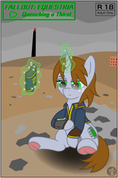 Size: 4000x6000 | Tagged: safe, artist:dice-warwick, part of a set, oc, oc only, oc:littlepip, pony, unicorn, comic:fallout equestria: quenching a thirst, fallout equestria, adult only, canteen, comic, cover art, digital art, female, freckles, frog (hoof), mare, pipbuck, sitting, solo, underhoof, wasteland