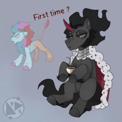 Size: 1080x1080 | Tagged: safe, artist:anoraknr, idw, danu, king sombra, leucrocuta, pony, unicorn, g4, season 10, angry, cup, first time, male, simple background, slender, solo, stallion, thin