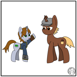 Size: 2000x2000 | Tagged: safe, artist:dice-warwick, oc, oc only, oc:littlepip, oc:shiner, pony, unicorn, fallout equestria, clothes, female, hat, high res, jumpsuit, male, mare, newsboy hat, pipbuck, raised hoof, simple background, stallion, transparent background, vault suit