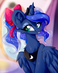 Size: 2351x2957 | Tagged: safe, artist:woonborg, princess luna, alicorn, pony, g4, boutique, bow, cute, hair bow, high res, jewelry, lunabetes, moon, ponytail, regalia, smiling, smirk, solo