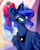 Size: 2351x2957 | Tagged: safe, artist:woonborg, princess luna, alicorn, pony, g4, boutique, bow, crown, cute, female, hair bow, high res, horn, jewelry, lunabetes, mare, moon, peytral, ponytail, regalia, smiling, smirk, solo, wings