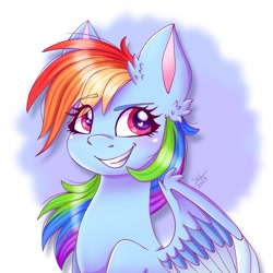 Size: 1212x1213 | Tagged: safe, artist:galaxy swirl, rainbow dash, pegasus, pony, g4, blushing, bust, colored eyebrows, colored wings, colored wingtips, eyebrows, eyebrows visible through hair, female, grin, heart, heart eyes, mare, multicolored hair, multicolored mane, multicolored wings, portrait, rainbow hair, raised eyebrow, simple background, smiling, solo, striped mane, wingding eyes, wings