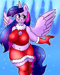 Size: 800x1000 | Tagged: safe, artist:northernlightsone, oc, oc only, oc:princess morning star, alicorn, anthro, unguligrade anthro, alicorn oc, alicorn princess, breasts, christmas, clothes, commissioner:bigonionbean, cutie mark, ethereal mane, ethereal tail, female, flank, fusion, fusion:princess celestia, fusion:twilight sparkle, gloves, holiday, horn, leggings, mare, solo, spread wings, stomach, tail, thick, thighs, thunder thighs, wings, writer:bigonionbean