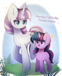 Size: 1800x2200 | Tagged: safe, artist:miryelis, twilight sparkle, twilight velvet, pony, unicorn, g4, big ears, cute, duo, duo female, female, filly, filly twilight sparkle, foal, full body, grass, horn, mama velvet, mother, mother and child, mother and daughter, signature, simple background, sky, smiling, sparkles, standing, text, twiabetes, twilight wants to be a princess, unicorn twilight, velvetbetes, younger