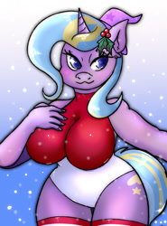 Size: 769x1039 | Tagged: safe, artist:northernlightsone, oc, oc only, oc:strict talent, earth pony, unicorn, anthro, unguligrade anthro, breasts, christmas, clothes, commissioner:bigonionbean, female, flank, fusion, fusion:ms. harshwhinny, fusion:trixie, hat, holiday, holly, horn, leggings, leotard, mare, snow, snowfall, solo, tail, thick, thighs, thunder thighs, wizard hat, writer:bigonionbean