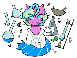 Size: 1018x767 | Tagged: safe, artist:curryrice, oc, oc only, pony, unicorn, clothes, eye clipping through hair, flask, lab coat, microscope, simple background, solo, test tube, white background