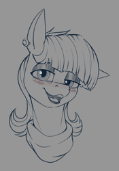 Size: 700x1000 | Tagged: safe, artist:stray prey, ms. harshwhinny, earth pony, pony, g4, blushing, bust, ear piercing, earring, jewelry, lidded eyes, lipstick, looking at you, one ear down, open mouth, open smile, piercing, smiling, solo