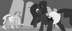 Size: 2932x1256 | Tagged: safe, artist:drasill, princess celestia, princess luna, alicorn, pony, g4, adult diaper, black and white, diaper, diaper fetish, diapered, dream, duo, enthusiasm, female, fetish, grayscale, looking at you, looking back, looking back at you, mare, monochrome, non-baby in diaper, raised hoof, smiling