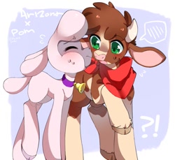 Size: 981x900 | Tagged: safe, artist:catsonmarss, artist:picklescatt, arizona (tfh), pom (tfh), cow, lamb, sheep, them's fightin' herds, bandana, bell, bell collar, blushing, cloven hooves, collar, cute, duo, exclamation point, female, frown, interrobang, lesbian, looking at someone, nervous, open mouth, pomzona, question mark, raised hoof, shipping, sweat, sweatdrop
