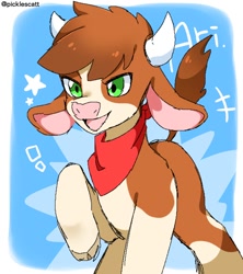Size: 700x788 | Tagged: safe, artist:catsonmarss, artist:picklescatt, arizona (tfh), cow, them's fightin' herds, bandana, cloven hooves, community related, female, open mouth, open smile, raised hoof, raised tail, smiling, solo, stars, tail