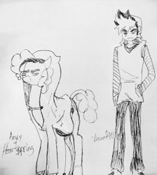 Size: 846x945 | Tagged: safe, artist:vinny, oc, oc:generic messy hair anime anon, oc:heartspring, earth pony, human, angry, pen drawing, pen sketch, traditional art