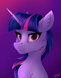 Size: 2656x3392 | Tagged: safe, artist:cmdrtempest, twilight sparkle, pony, unicorn, g4, alternate universe, bust, cute, ear fluff, female, gradient background, high res, looking at you, solo