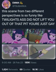 Size: 702x896 | Tagged: safe, screencap, fluttershy, rainbow dash, sunset shimmer, twilight sparkle, human, equestria girls, g4, flashback, implied lesbian, meta, twitter, twitter screencap, wings