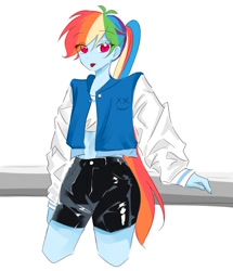Size: 716x834 | Tagged: safe, artist:rainn__1026, rainbow dash, human, equestria girls, g4, :p, anime, belly button, clothes, jacket, long hair, midriff, ponytail, short shirt, shorts, simple background, solo, standing, tomboy, tongue out, varsity jacket, white background