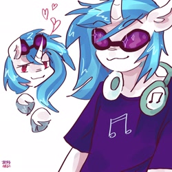 Size: 2048x2048 | Tagged: safe, artist:dmitrymemovznok, dj pon-3, vinyl scratch, pony, unicorn, anthro, g4, anthro ponidox, clothes, cloven hooves, headphones, heart, high res, self ponidox, smiling, solo, sunglasses, unshorn fetlocks