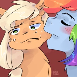 Size: 2048x2048 | Tagged: safe, artist:dmitrymemovznok, applejack, rainbow dash, earth pony, pegasus, pony, g4, biting, blushing, bust, duo, eyes closed, frown, high res, mouth hold, sweat