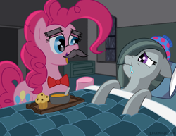 Size: 2000x1543 | Tagged: safe, artist:legendoflink, marble pie, pinkie pie, earth pony, pony, g4, bed, duo, duo female, facial hair, fake moustache, female, food, groucho marx, heart, heart eyes, ice pack, in bed, lying down, mare, moustache, muffin, siblings, sick, simple background, smiling, soup, thermometer, twins, wingding eyes