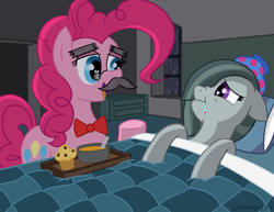 Size: 2000x1543 | Tagged: safe, artist:legendoflink, marble pie, pinkie pie, earth pony, pony, g4, bed, duo, duo female, facial hair, fake moustache, female, food, groucho marx, heart, heart eyes, ice pack, in bed, lying down, mare, moustache, muffin, siblings, sick, smiling, soup, thermometer, twins, wingding eyes