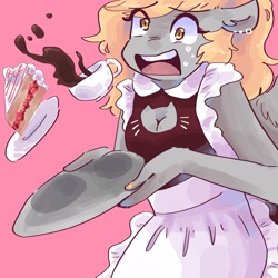Size: 2048x2048 | Tagged: safe, artist:dmitrymemovznok, derpy hooves, pegasus, anthro, g4, boob window, cake, cake slice, clothes, clumsy, costume, ear piercing, female, food, high res, maid, open mouth, piercing, pink background, simple background, solo, sweat