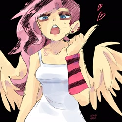 Size: 2048x2048 | Tagged: safe, artist:dmitrymemovznok, fluttershy, pegasus, anthro, g4, black background, clothes, ear piercing, emoshy, female, frown, heart, high res, open mouth, piercing, simple background, solo, tank top