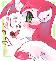 Size: 1890x2048 | Tagged: safe, artist:dmitrymemovznok, lovestruck, pony, unicorn, g4, blushing, heart, heart eyes, sharp teeth, side view, solo, teeth, tongue out, unshorn fetlocks, wingding eyes