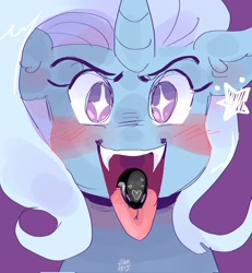 Size: 1890x2048 | Tagged: safe, artist:dmitrymemovznok, trixie, pony, snake, unicorn, g4, blushing, close-up, ear piercing, fangs, forked tongue, piercing, sharp teeth, smiling, solo, starry eyes, teeth, tongue out, wingding eyes