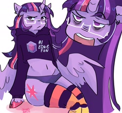 Size: 2048x1890 | Tagged: safe, artist:dmitrymemovznok, twilight sparkle, alicorn, semi-anthro, g4, arm hooves, bags under eyes, clothes, frown, glasses, hoodie, hooves, midriff, open mouth, panties, simple background, sitting, socks, solo, striped socks, thigh highs, underwear, unshorn fetlocks, white background