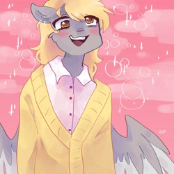 Size: 2048x2048 | Tagged: safe, artist:dmitrymemovznok, derpy hooves, pegasus, anthro, g4, blushing, clothes, high res, open mouth, smiling, solo, spread wings, standing, wings