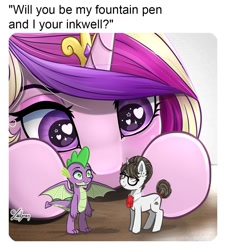 Size: 1084x1200 | Tagged: safe, alternate character, alternate version, artist:lailyren, princess cadance, raven, spike, dragon, pony, unicorn, g4, commission, doll, female, glasses, hair bun, heart, heart eyes, horn, implied sex, looking at each other, looking at someone, love, male, mare, meme, necktie, now kiss, older, older spike, secretary, ship:ravenspike, shipper on deck, shipping, straight, text, toy, wingding eyes, winged spike, wings, ych result
