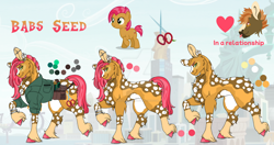 Size: 1280x674 | Tagged: safe, artist:malinraf1615, babs seed, button mash, earth pony, pony, g4, alternate design, bald, bracelet, buttonseed, cheek fluff, chest fluff, clothes, coat markings, comb, ear piercing, earring, eyebrow piercing, female, heart, jewelry, male, manehattan, mare, older, older babs seed, piercing, reference sheet, scissors, shipping, shirt, socks (coat markings), solo focus, stallion, straight, unshorn fetlocks