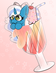 Size: 1942x2500 | Tagged: safe, artist:dreamer-elphii, oc, oc only, oc:fleurbelle, alicorn, pony, alicorn oc, bow, cherry, cute, female, food, glass, hair bow, horn, ice cream, mare, pink background, simple background, solo, sprinkles, straw, wings, yellow eyes