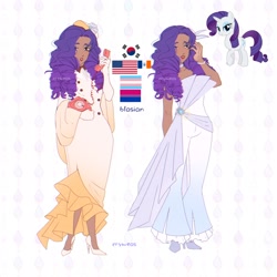 Size: 2048x2048 | Tagged: safe, artist:cryweas, rarity, human, pony, unicorn, g4, alternate hairstyle, american flag, asian, bisexual pride flag, blasian, bracelet, choker, clothes, dark skin, dress, evening gloves, eyeshadow, female, gloves, hat, high heels, high res, humanized, jewelry, korean, lipstick, long gloves, makeup, mare, phone, pride, pride flag, reference sheet, ring, shoes, solo, south korea, stockings, thigh highs, trans female, transgender, transgender pride flag
