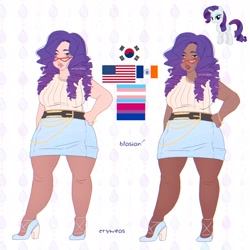 Size: 2048x2048 | Tagged: safe, artist:cryweas, rarity, human, pony, unicorn, g4, alternate hairstyle, american flag, asian, belt, bisexual pride flag, blasian, bracelet, breasts, busty rarity, chubby, clothes, dark skin, eyeshadow, female, glasses, grin, high heels, high res, humanized, jewelry, korean, lipstick, makeup, mare, pride, pride flag, reference sheet, ring, shoes, skirt, sleeveless, sleeveless sweater, smiling, solo, south korea, stockings, sweater, thigh highs, trans female, transgender, transgender pride flag
